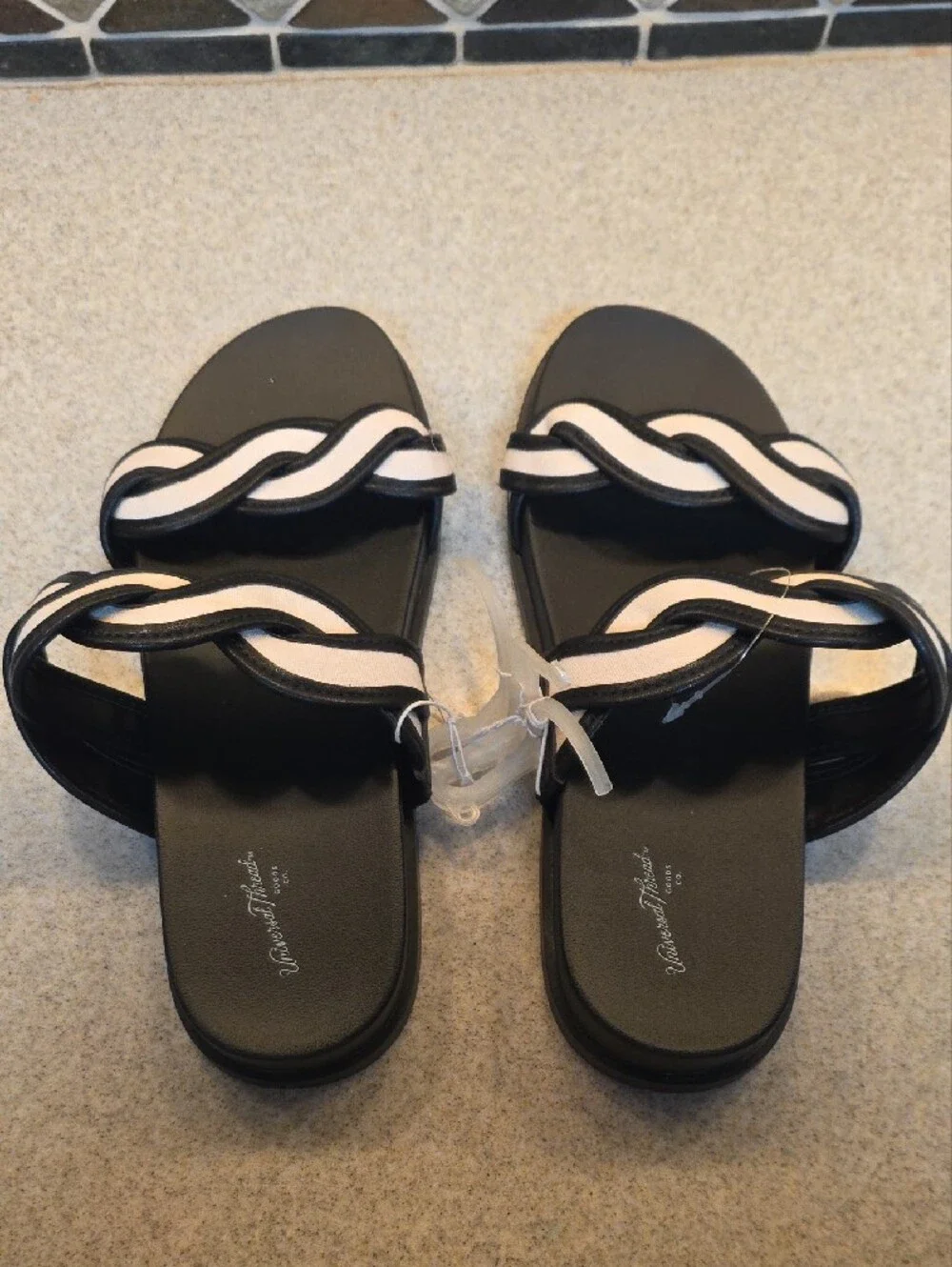 Universal Thread Black Slide Sandals with Pale Pink Woven Trim